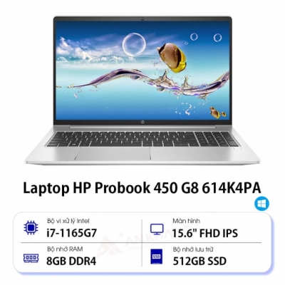 Laptop HP Probook 450 G8 614K4PA (Core™ i7-1165G7 | 8GB | 512GB | Intel® Iris® Xe | 15.6 inch FHD | Win 11 | Bạc)