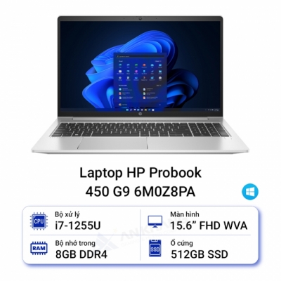Laptop HP ProBook 450 G9 6M0Z8PA (Core i7 1255U/ 8GB/ 512GB SSD/ Intel UHD Graphics/ 15.6inch/ Windows 11 Home/ Silver/ Vỏ nhôm)