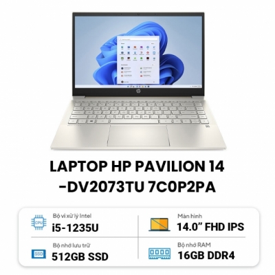 Laptop HP Pavilion 14-dv2073TU 7C0P2PA (Core i5 1235U/ 16GB/ 512GB SSD/ Intel Iris Xe Graphics/ 14.0inch Full HD/ Windows 11 Home/ Gold/ Hợp kim nhôm)