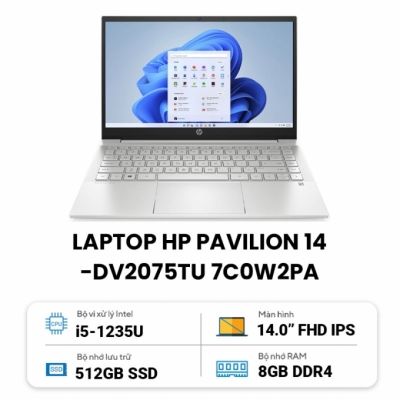 Laptop HP Pavilion 14-dv2075TU 7C0W2PA (Core i5 1235U/ 8GB/ 512GB SSD/ Intel Iris Xe Graphics/ 14.0inch Full HD/ Windows 11 Home/ Silver/ Hợp kim nhôm)