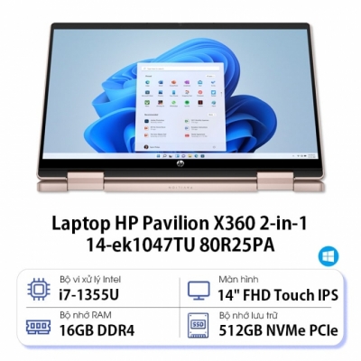Laptop HP Pavilion x360 14-ek1047TU 80R25PA (Core i7 1355U/ 16GB/ 512GB SSD/ Intel Iris Xe Graphics/ 14.0inch FHD TouchScreen/ Windows 11 Home/ Gold/ Hợp kim nhôm/ Pen)