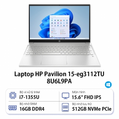 Laptop HP Pavilion 15-eg3112TU 8U6L9PA (Core i7 1355U/ 16GB/ 512GB SSD/ Intel Iris Xe Graphics/ 15.6inch Full HD/ Windows 11 Home/ Silver/ Hợp kim nhôm)