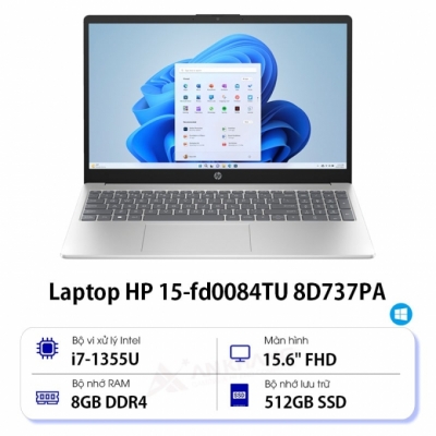 Laptop HP 15 fd0084TU 8D737PA (Core i7 1355U/ 8GB/ 512GB SSD/ Intel Iris Xe Graphics/ 15.6inch Full HD/ Windows 11 Home/ Bạc)