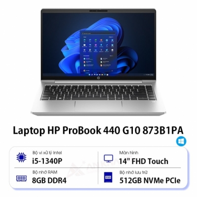 Laptop HP ProBook 440 G10 873B1PA (Core i5 1340P/ 8GB/ 512GB SSD/ Intel UHD Graphics/ 14.0inch FHD TouchScreen/ Windows 11 Home/ Silver/ Vỏ nhôm)