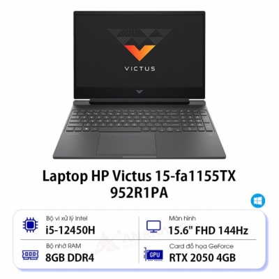Laptop HP Gaming Victus 15-fa1155TX 952R1PA (Core i5 12450H/ 8GB/ 512GB SSD/ Nvidia GeForce RTX 2050 4GB GDDR6/ 15.6inch Full HD/ Windows 11 Home/ Black)