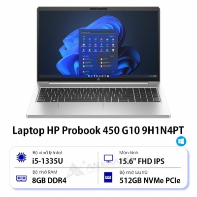 Laptop HP ProBook 450 G10 9H1N4PT (Core i5 1335U/ 8GB/ 512GB SSD/ Intel UHD Graphics/ 15.6inch Full HD/ Windows 11 Home/ Silver/ Vỏ nhôm)