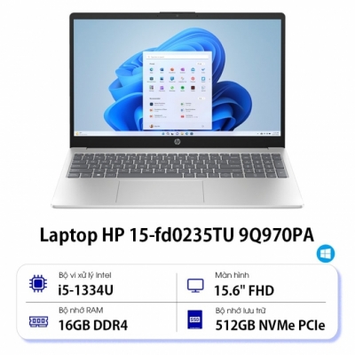 Laptop HP 15 fd0235TU 9Q970PA (Core i5 1334U/ 16GB/ 512GB SSD/ Intel Iris Xe Graphics/ 15.6inch Full HD/ Windows 11 Home/ Bạc)