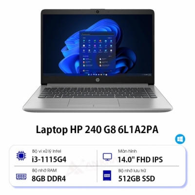 Laptop HP 240 G8 6L1A1PA (Core i3 1115G4/ 8GB/ 256GB SSD/ Intel UHD Graphics/ 14.0inch Full HD/ Windows 11 Home/ Silver/ Vỏ nhựa)
